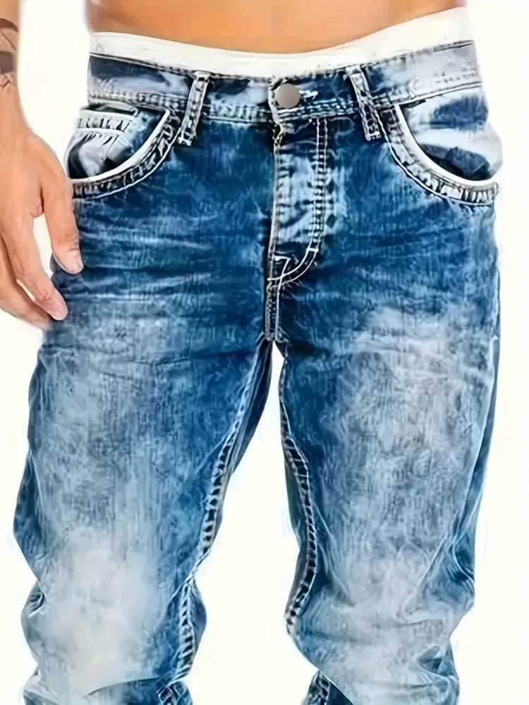 European American Jeans Mens Autumn New Slim Elastic Trousers Fashionable Vintage Wash Denim Pants Male Streetwear M260319