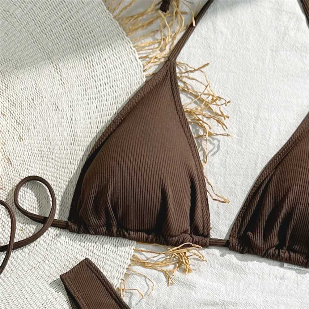 Brown String Halter Triangle Bikini Ribbed Solid Swimwears Sexy Swimsuit Women 2026 Padded Bikinis Sets Bathing Swimming SuitT260318