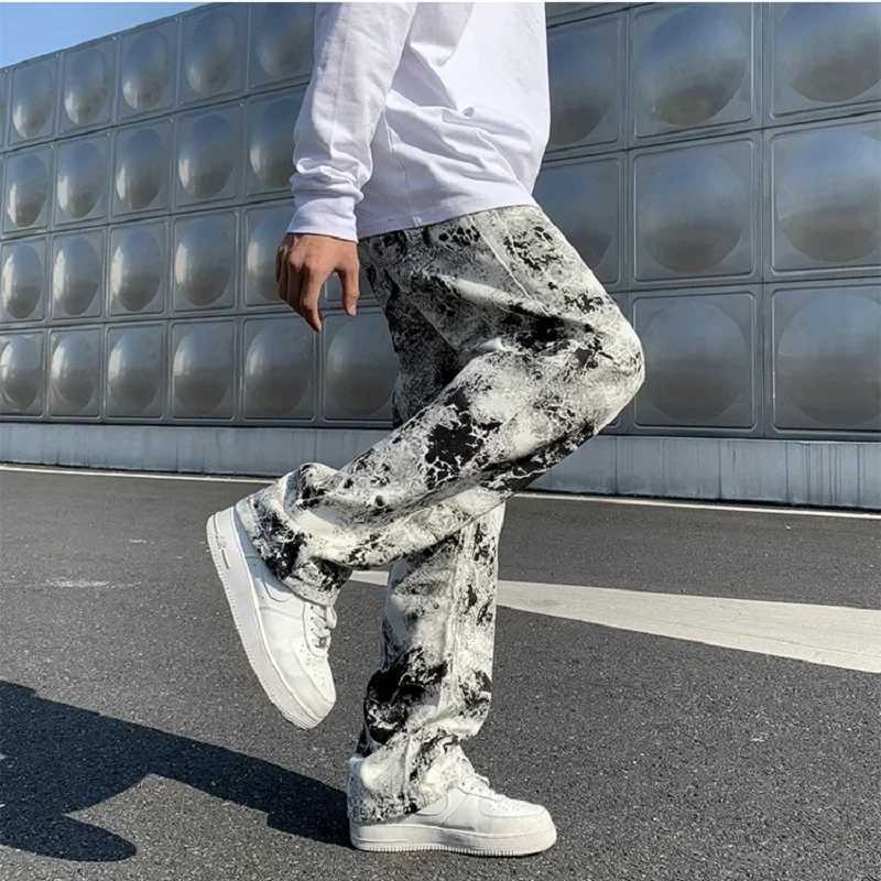 Printed jeans Unisex Elastic waist Spring 2025 Mopping Trousers Jeans Mens Fashion Korean Style High Street Loose Hip Hop Pants a03 M260319