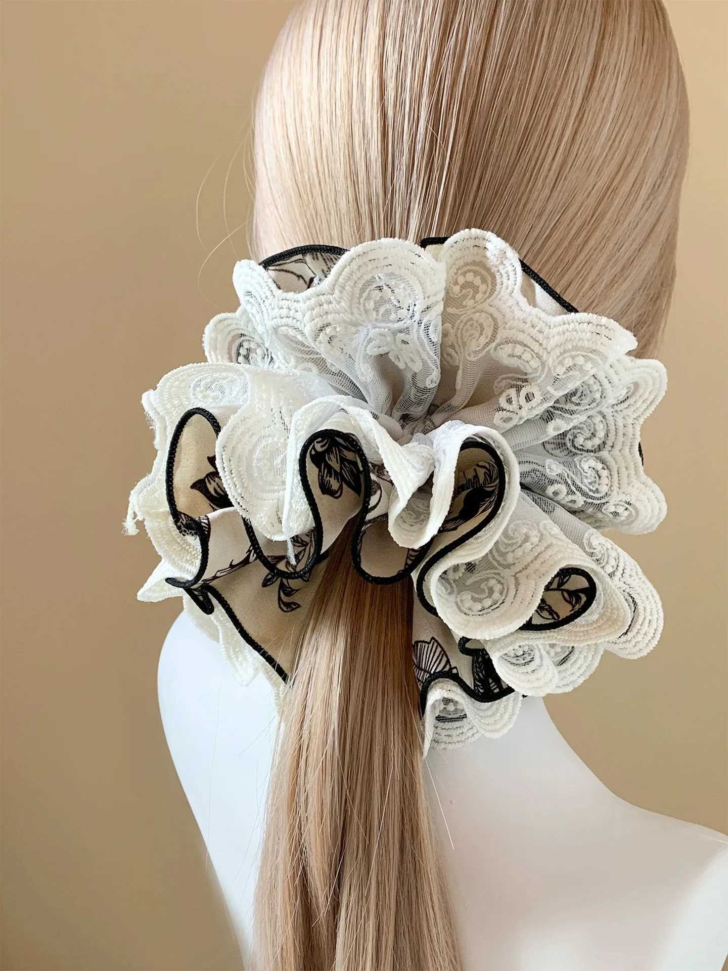 1pc floral satin lace four-layer extra-large scrunchie elegant hair tie for bun hairstyles stylish hair accessory H260319