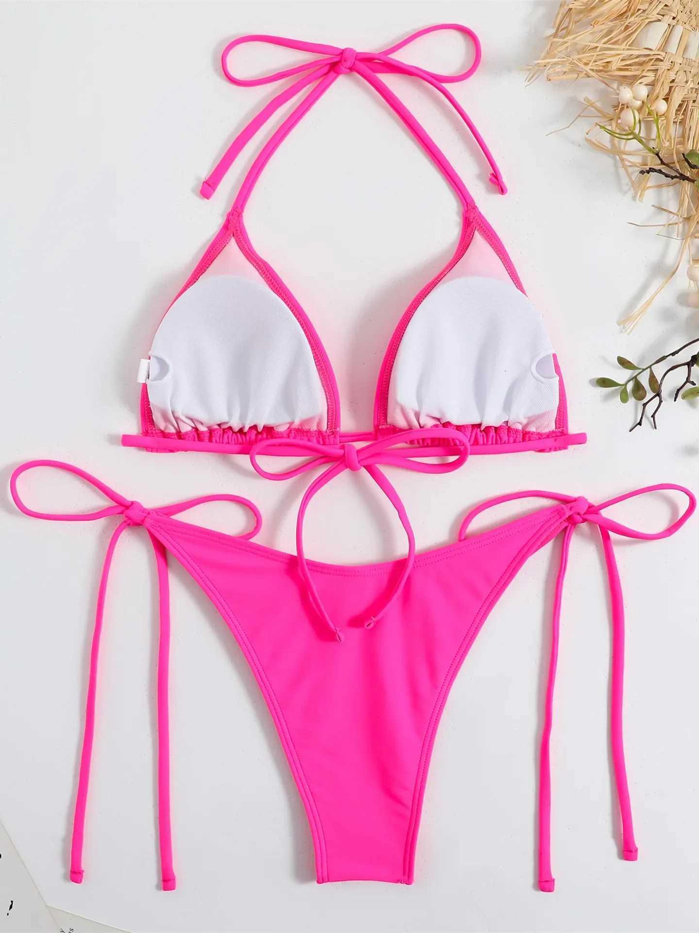 Sexy Brown Bikini 2025 Women Solid Red Halter Push Up Bra Tie Side Triangle Swimsuit Summer Bathing Suit Lace Up Micro SwimwearT260318