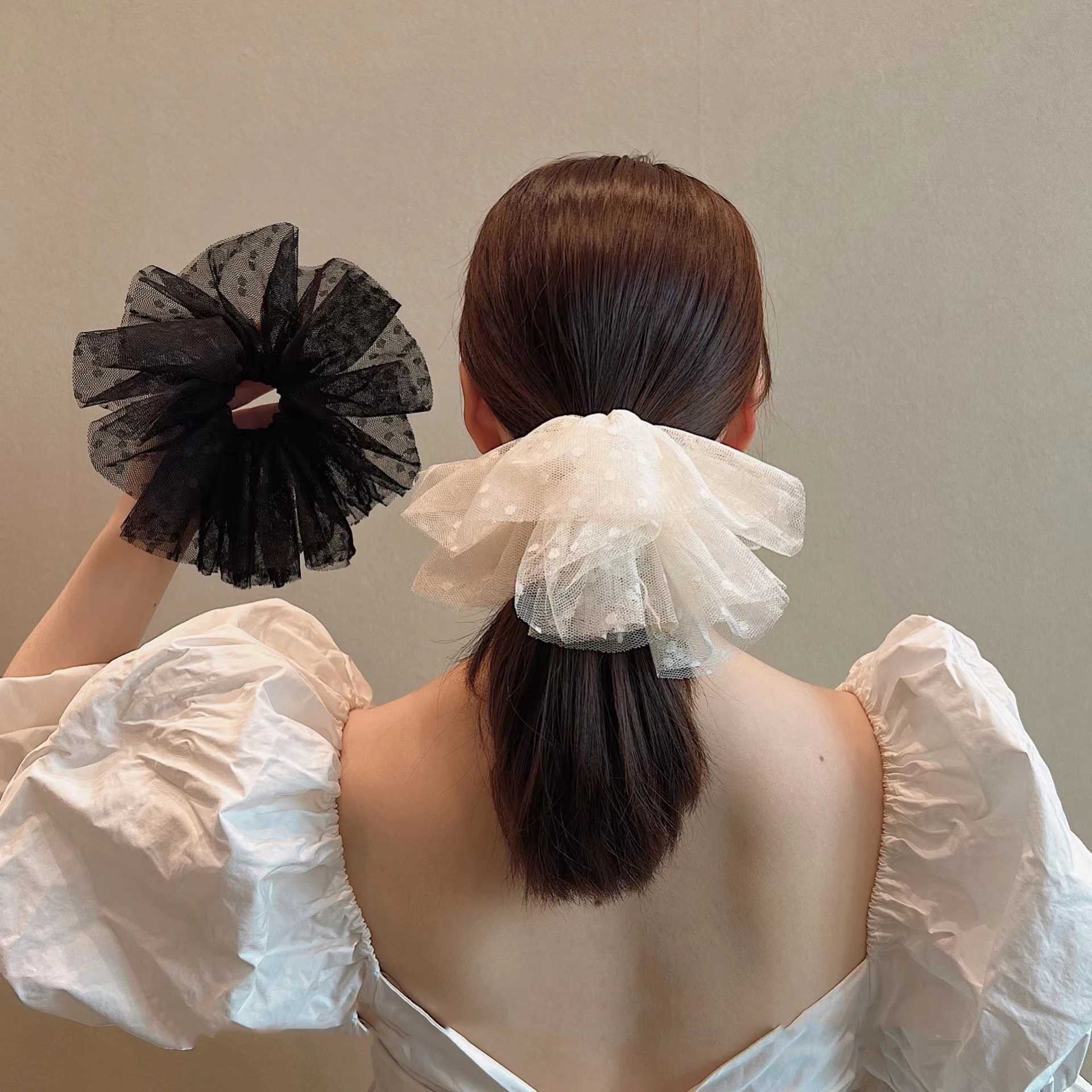 Lystrfac 1/2Pcs Oversize Scrunchies Lace Hair Ring Mesh Dot Big Hair Rope Female High Elastic Rubber Band Hair Accessories H260319