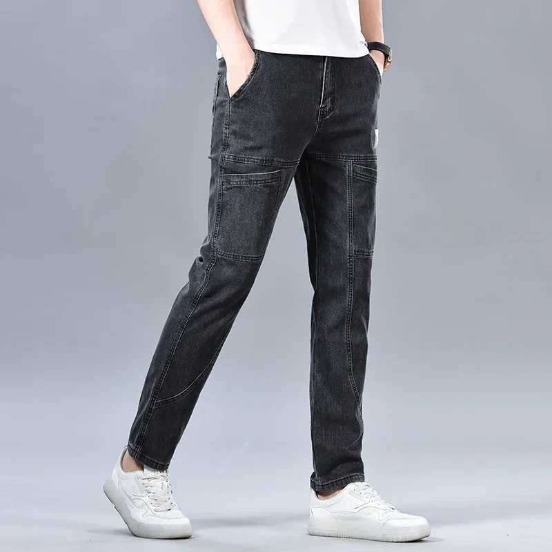 Fashion 6 Pockets Design Jeans Mens Blackgray Blue Stretch Straight Casual Denim Trousers Brand Clothing Cotton Male Pants M260319