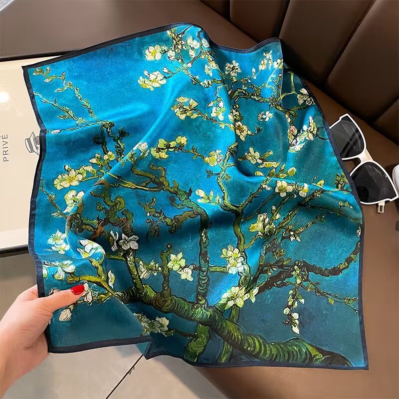 Green Chinese-style oil painting silk scarf for women, stylish and elegant neck support headband, small scarf, thin style mulberry silk scarf
