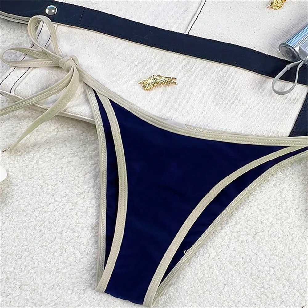 Vintage Blue Bikinis Set Triangle Border String Swimsuit Push Up Swimwear Backless Extrem Bikini Women Beach Outfit Bathing SuitT260318