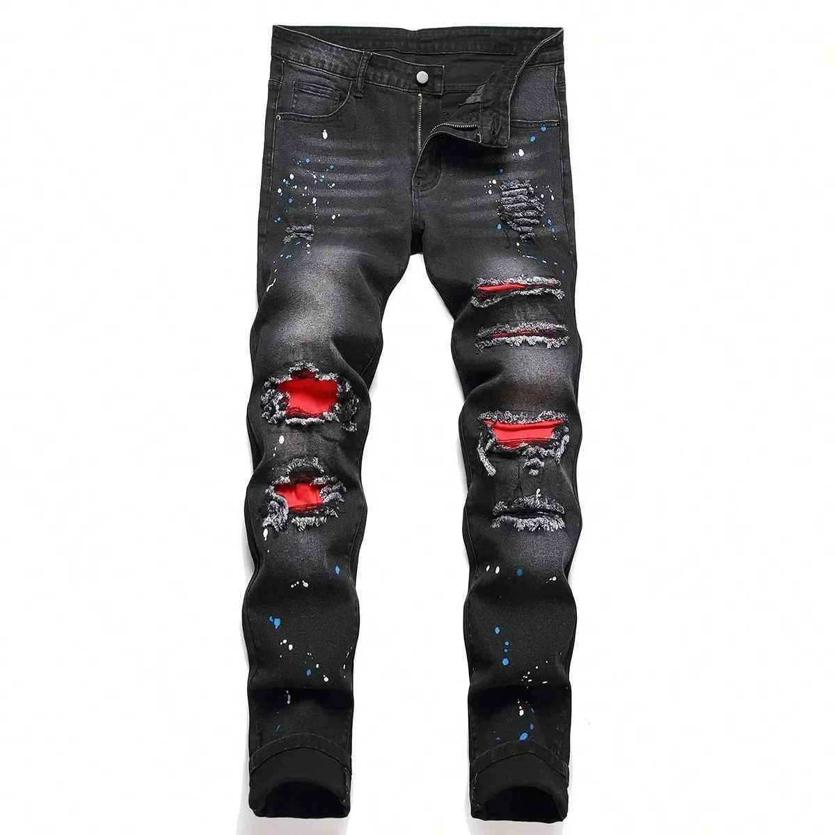 Men y2k Stretchy Skinny Denim Jeans For Men Casual pants Ripped Patchwork Hole Slim Fit Denim Hip Hop Black Straight Trousers M260319