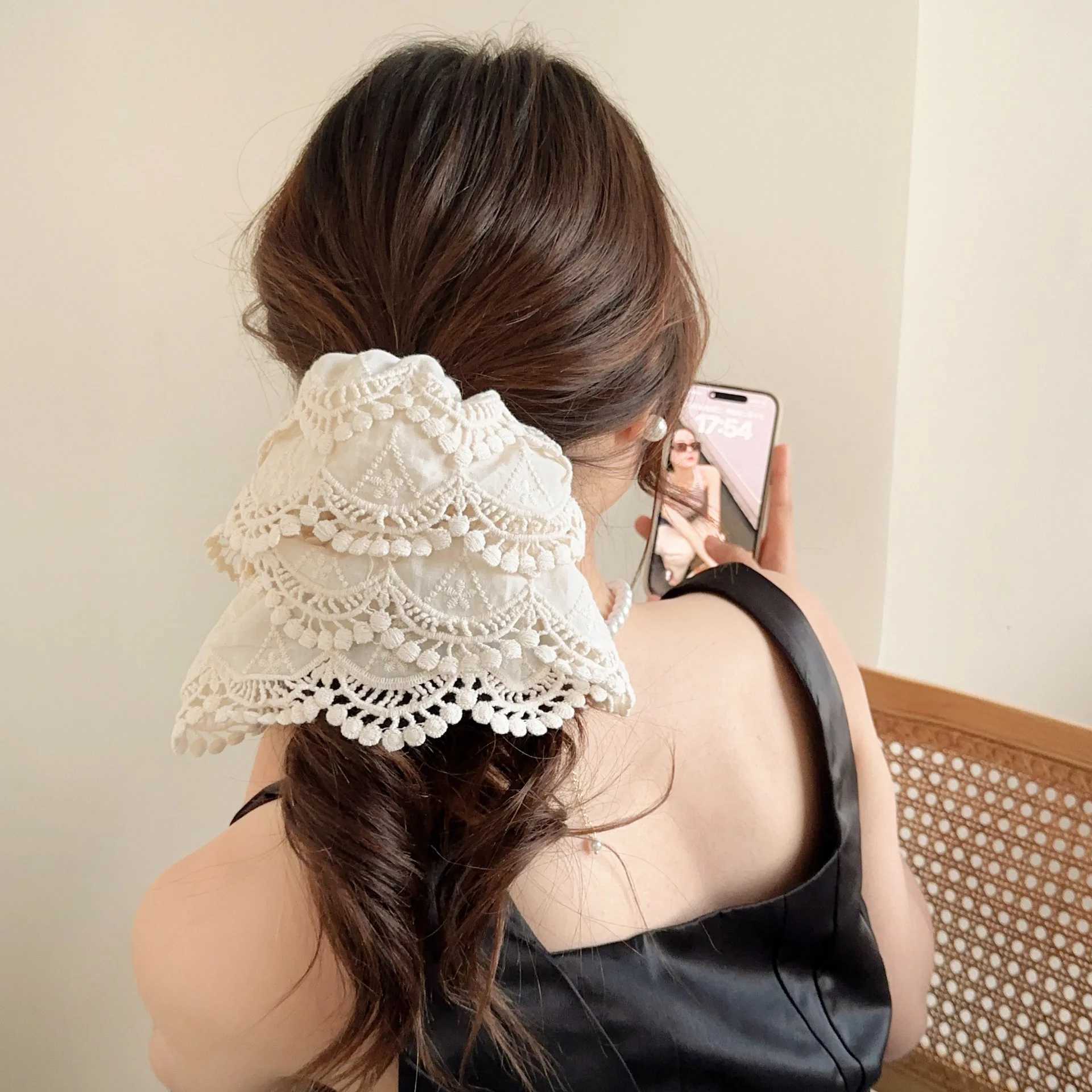Korean Style Beige Floral Embroidery Lace Bowknot Hair Clip Fashion Sweet Chic Girls Barrettes Female Party Headdress Hairpins H260319