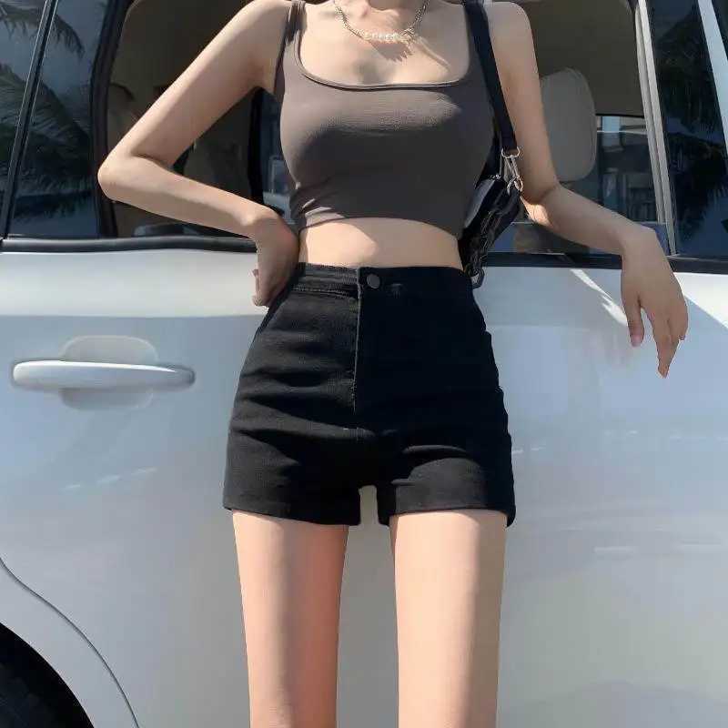 Summer New High Waisted Black Slim Spicy Girl A-line Denim Shorts Women Button Zippered Pocket Elasticity Sexy Buttocks Shorts M260319