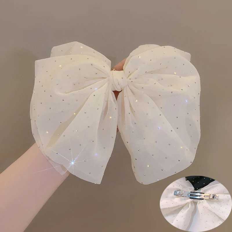 Elegant Temperament Mesh Hair Clip for Woman Rhinestone Large Bow Hairpin Fashion Girl Duckbill Clip H260319