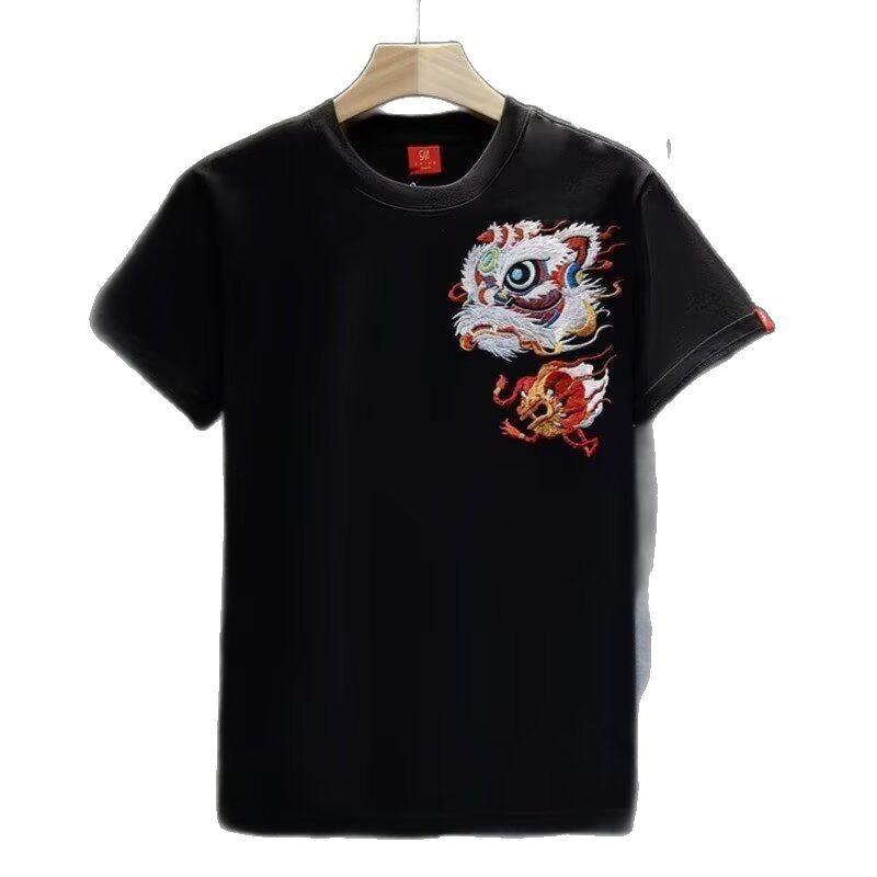 Pure Cotton ort Sve T-irt Men's Summer Chinese Style New round Ne Loose Casual Match All Cotton Embroidery Lion Print Tee