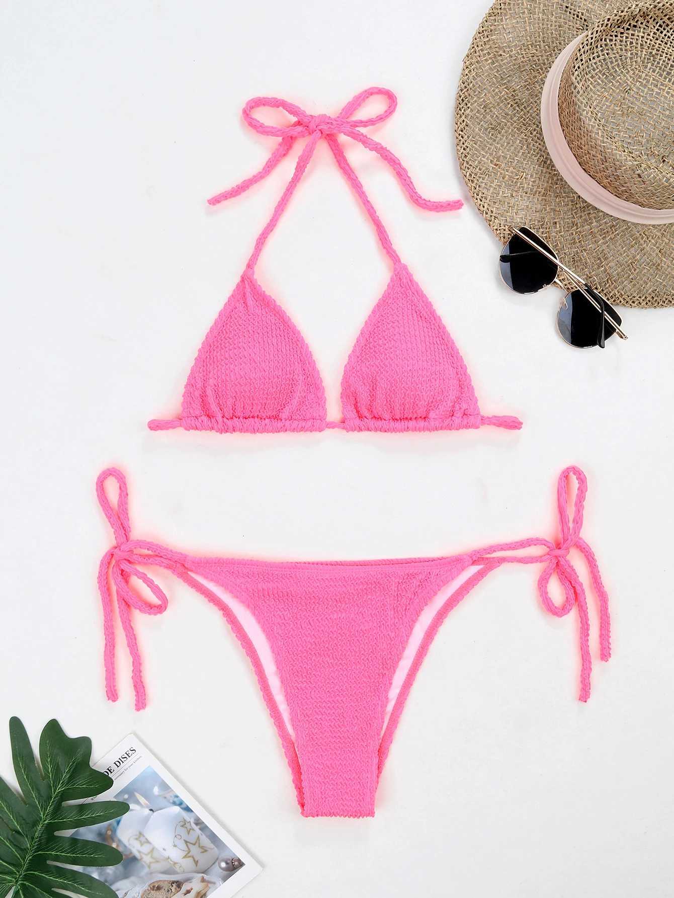 Summer wrinkled fabric special fabric wave strip sexy bikini women fluorescent strap split swimsuit womenT260318