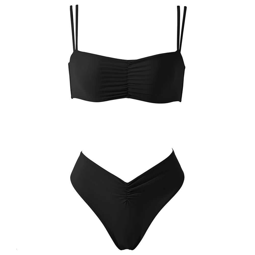 Solid Bikini High Waist Sexy Swimsuit Women 2026 Wrinkled Printed Swimwear Bathing Suit Bandeau Bikinis Sets MujerT260318