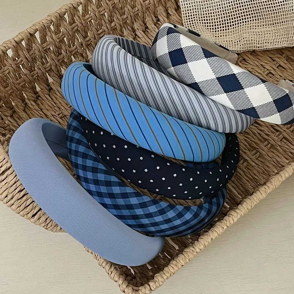 Vintage Blue Plaid Striped Padded Hairbands Ins Fashion Wide Headband Women Elegant Hair Hoop Headwrap Non-slip Hair Accessories H260319