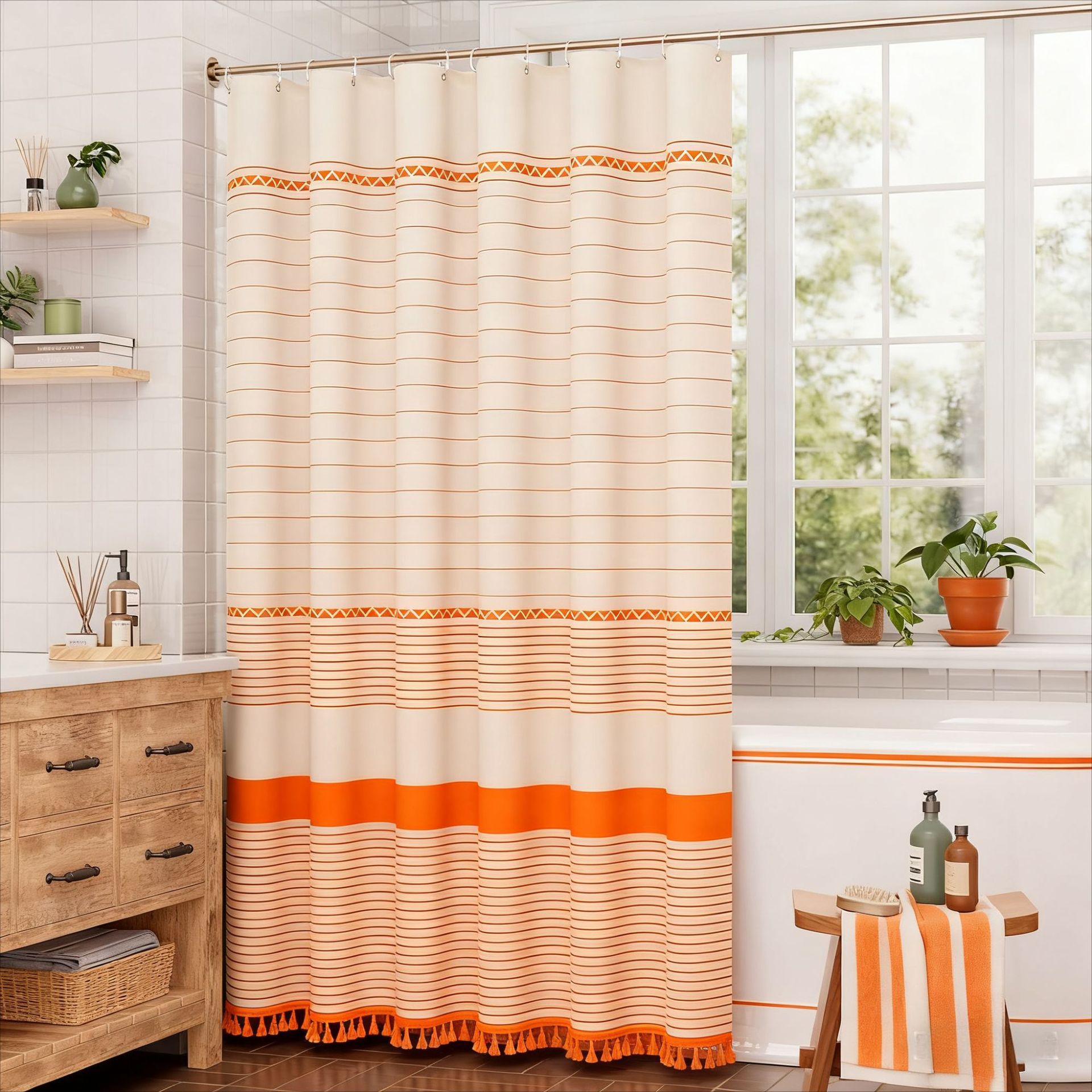 YL-38371 Printed Bamboo Striped Simple Tassel Bathroom Curtain, Waterproof and Thickened, Bathroom Partition Curtain