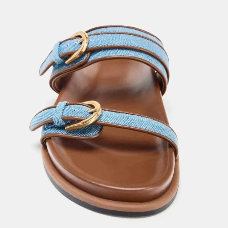 Fashion Denim White Slide Sandals Women Luxury Metal Belt Buckle Decoration Flat Slippers Summer Comfortable Women Beach Shoes Z260318 - view 7