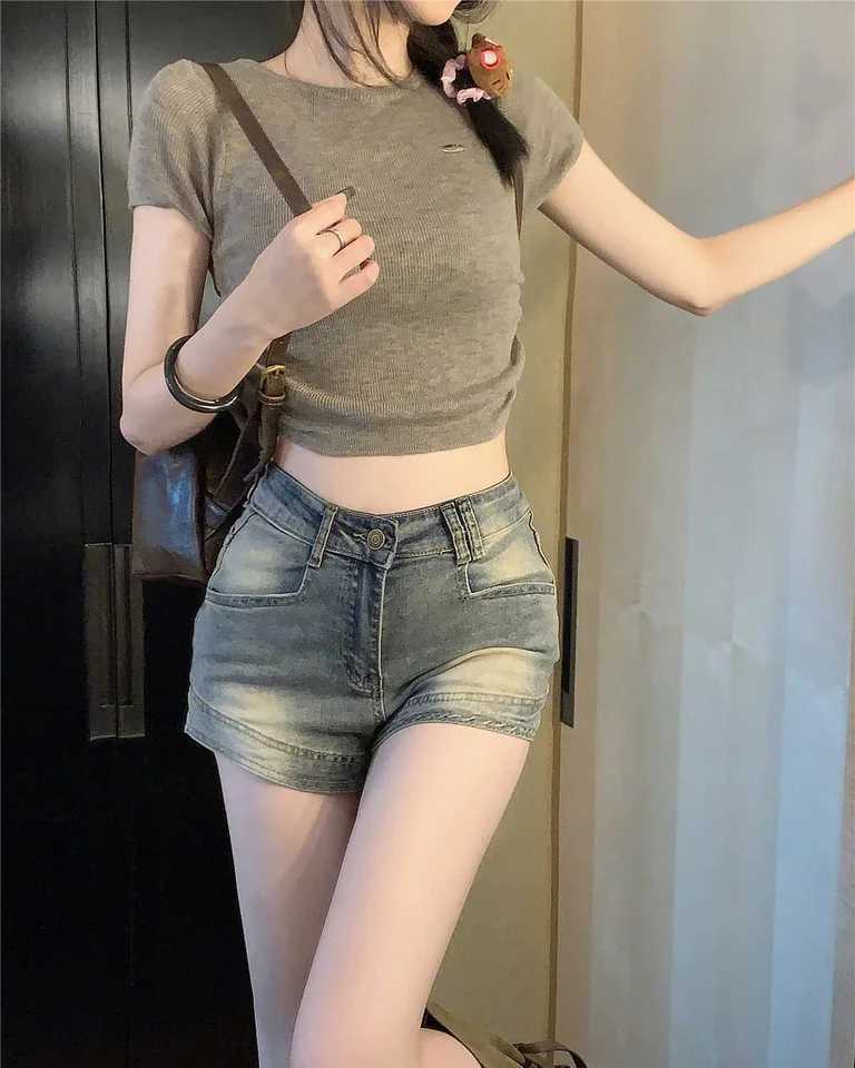 Summer Girls Vintage Denim Wide Leg Shorts Lady High Waist Short Pants Female Blue Y2K Style Fashion Robin Jeans M260319