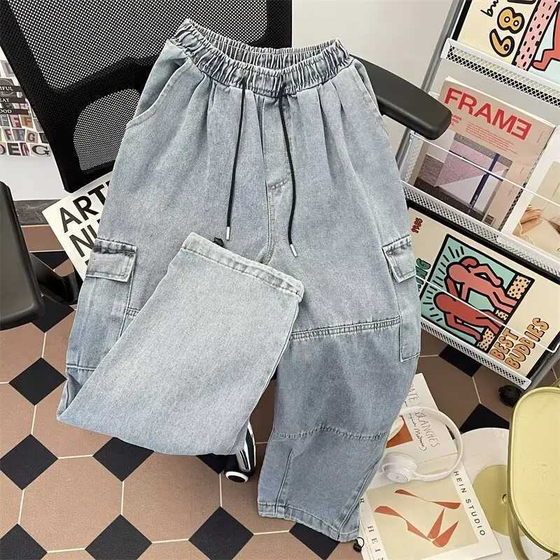 Loose Straight Long Pants Trendy Washed Men New Elastic Waist Spring Autumn Youth Popular Fashion Jeans Big Pocket Cargo Pants M260319