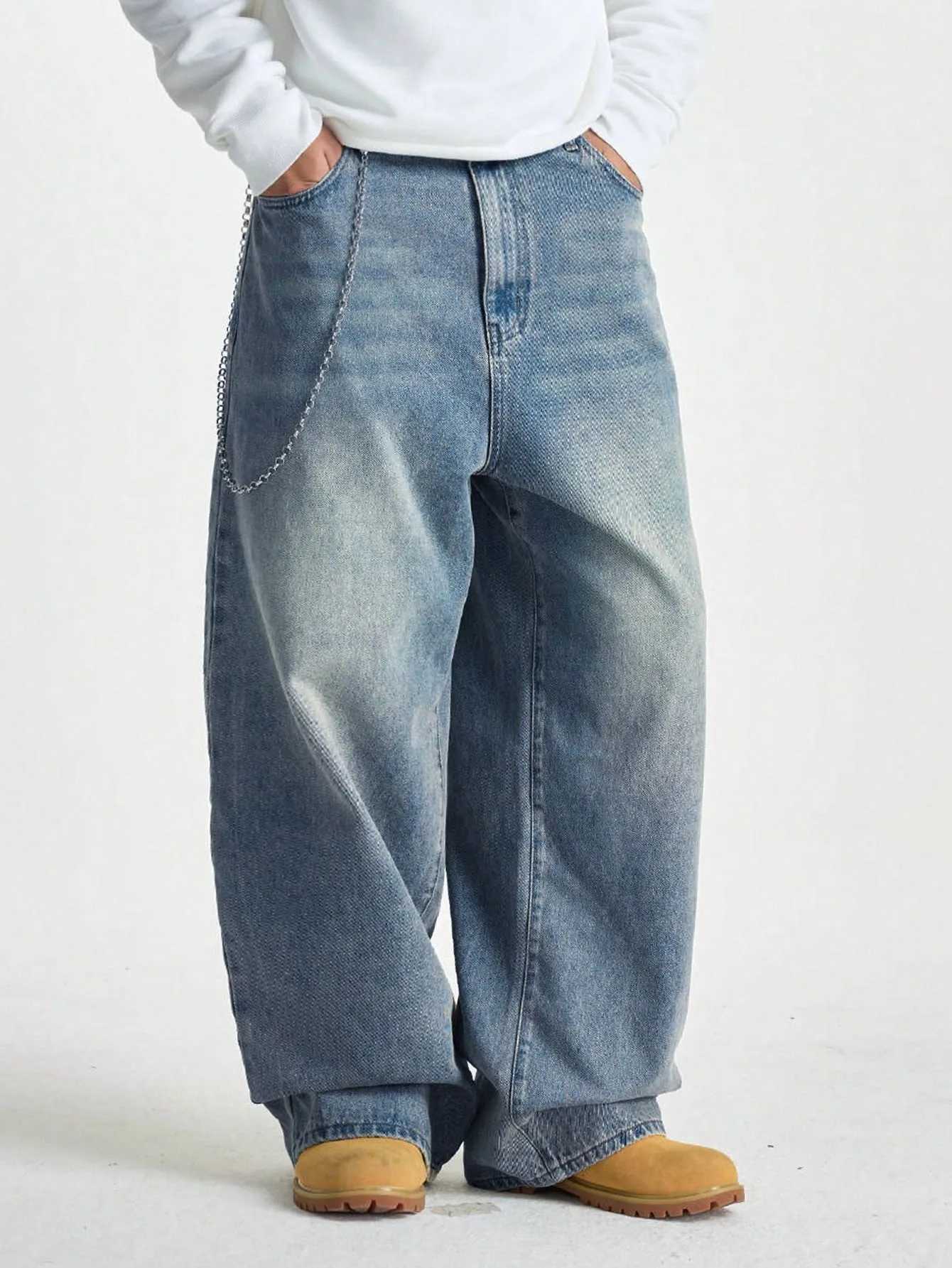 1Pc Mens Wide Pants Brushed Jeans Wide Jeans Y2K New Rocks Jeans Buggy Black Hip-Hop Pants M260319