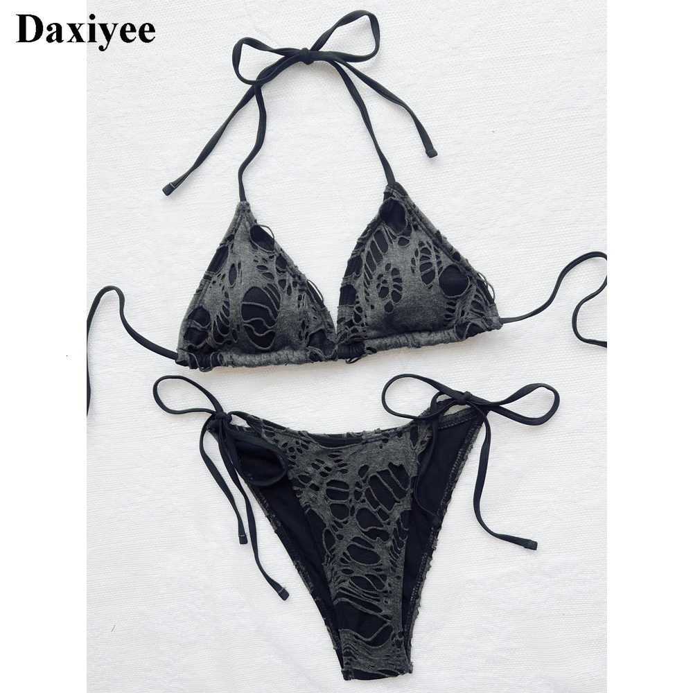 Gothic Micro Bikinis Y2K Torn Halter Strappy Lace Up Bathing Suits 2024 Woman Punk Beach Swimwear Side Bandage String SwimsuitT260318