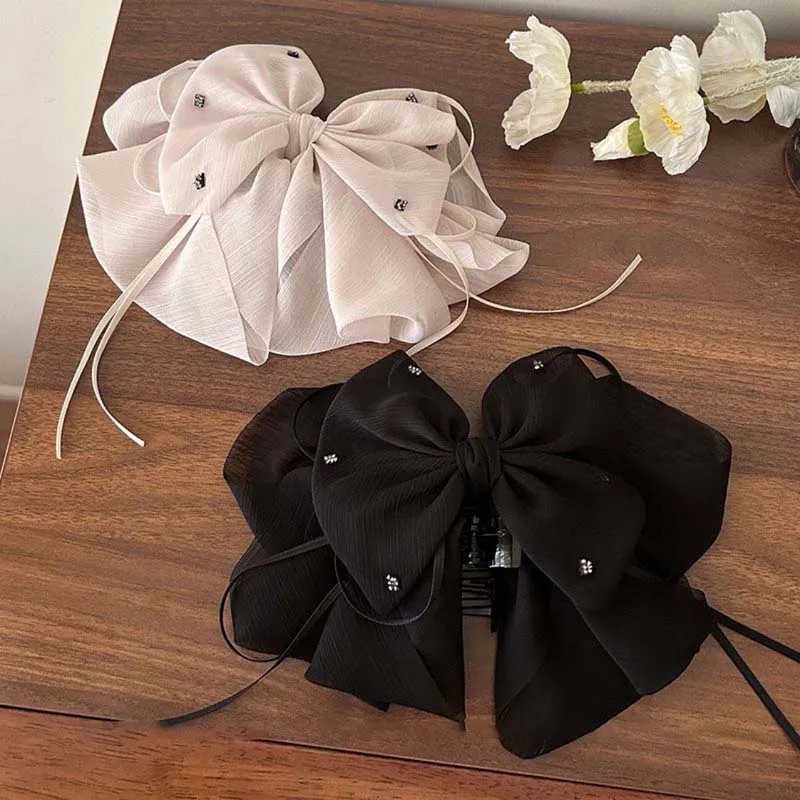 2025 New Fashion White Black Mesh Bowknot Ribbon Hair Claw For Women Elegant Solid Color Ponytail Clip Headwear Hair Accessories H260319