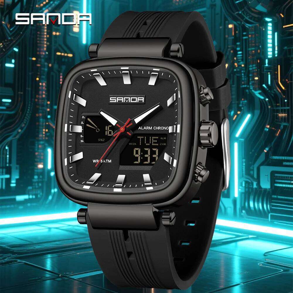 Fashion SANDA New 6282 Luxury Dual Monitor Sports Waterproof Night Light Men's Electronic Watch