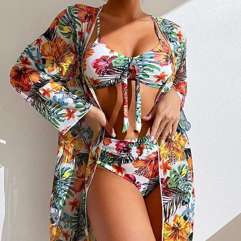 Sexy High Waisted Bikini 3 Pieces Floral Printed Swimsuit Size 3XL-S Women Bikini Set With Mesh Long-Sleeved Blouse Super SalesT260318