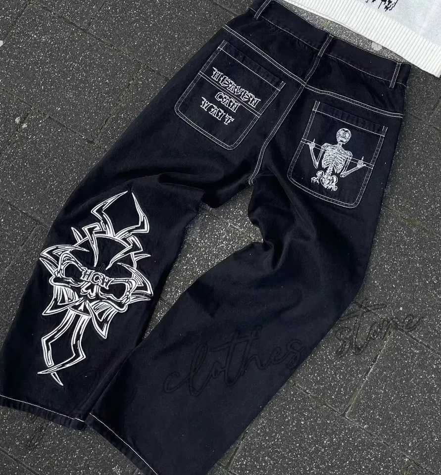 Fashion trend skull pattern embroidered loose jeans mens street Y2K new hip-hop wide leg pants mens unisex jeans M260319