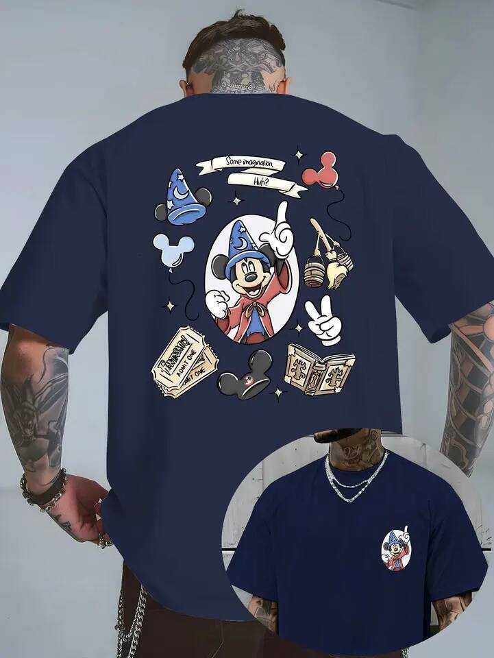 Summer Men's Disney Mickey Mouse Pattern T-Shirt Daily Leisure and Theme Activities Wear Unisex Cotton Short Sleeve Oversized
