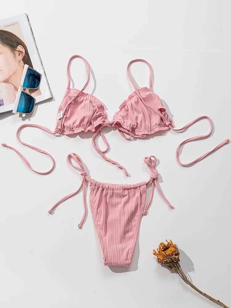 New 2025 Sexy Swimsuit Pit stripe Bikini Women Swimwear Bathing Suits Push Up Biquinis Bandage Beachwear Solid Bikini SetsT260318