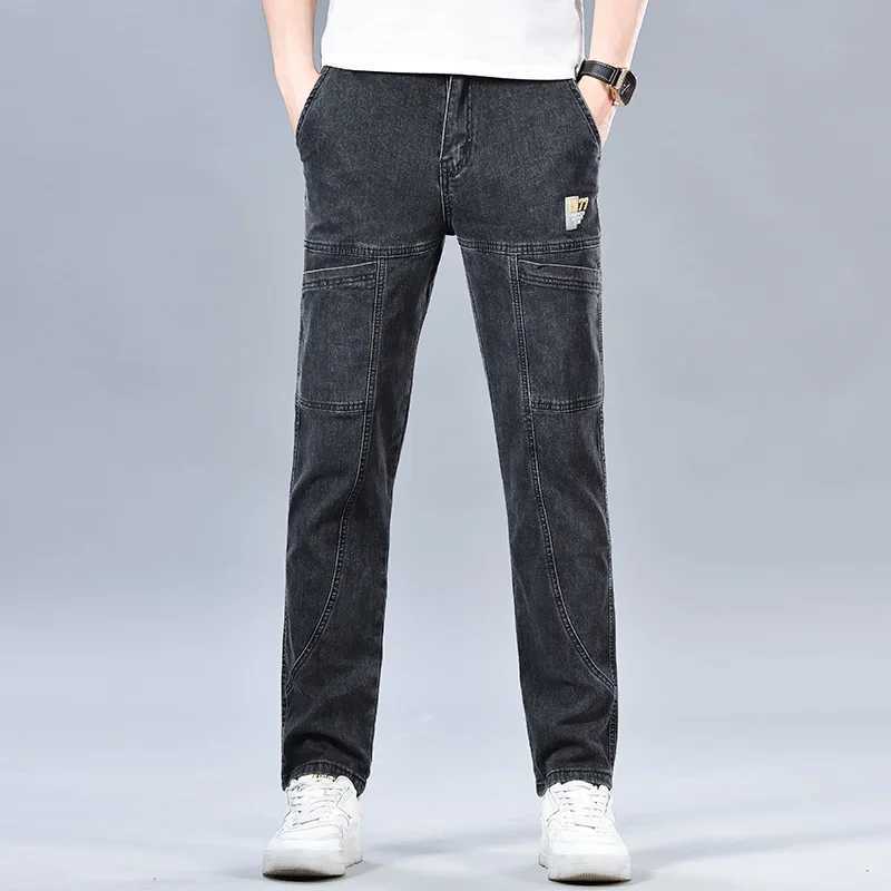 Fashion 6 Pockets Design Jeans Mens Blackgray Blue Stretch Straight Casual Denim Trousers Brand Clothing Cotton Male Pants M260319