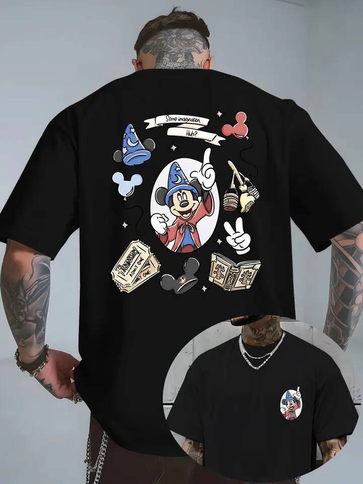Summer Men's Disney Mickey Mouse Pattern T-Shirt Daily Leisure and Theme Activities Wear Unisex Cotton Short Sleeve Oversized