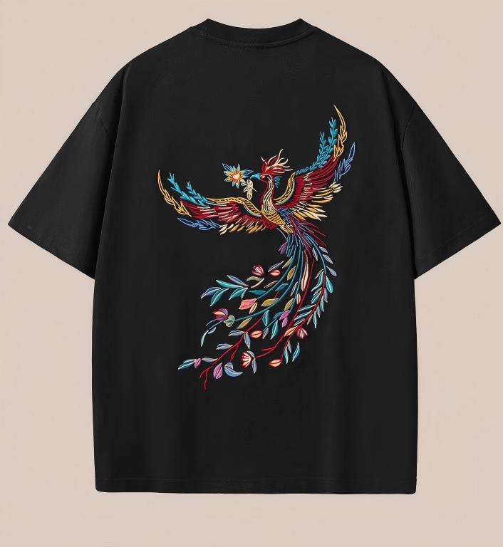 Embroidery T Shirt Men Phoenix Vintage Graphic Tees Harajuku Cotton Short Sleeve Chinese Hip Hop T Shirt Women Summer Fashion
