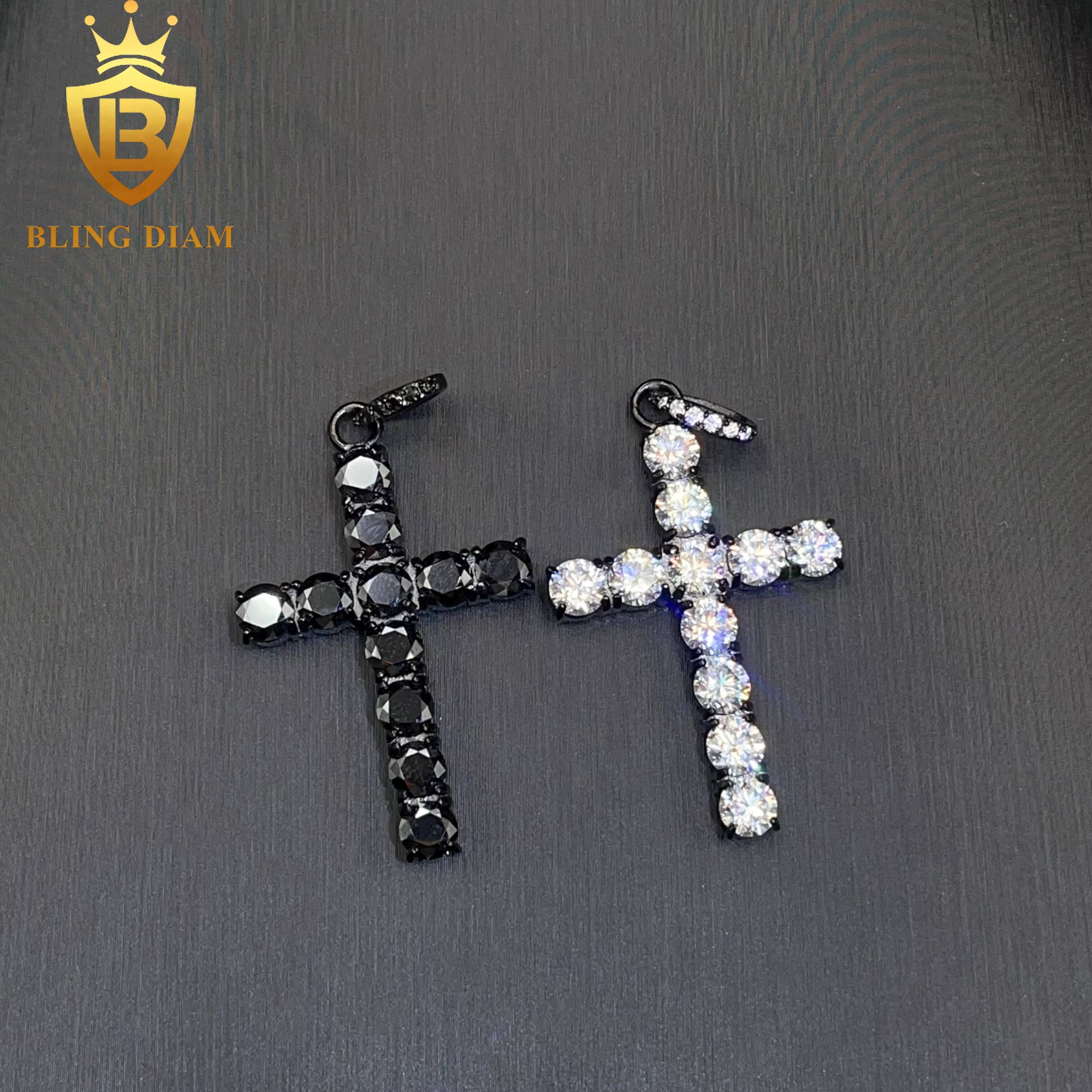 Blingdiam Jewelry Wholesale Iced Out Black Moissanite Gra Certificate Charms Stainless Steel Cross Pendants Necklace