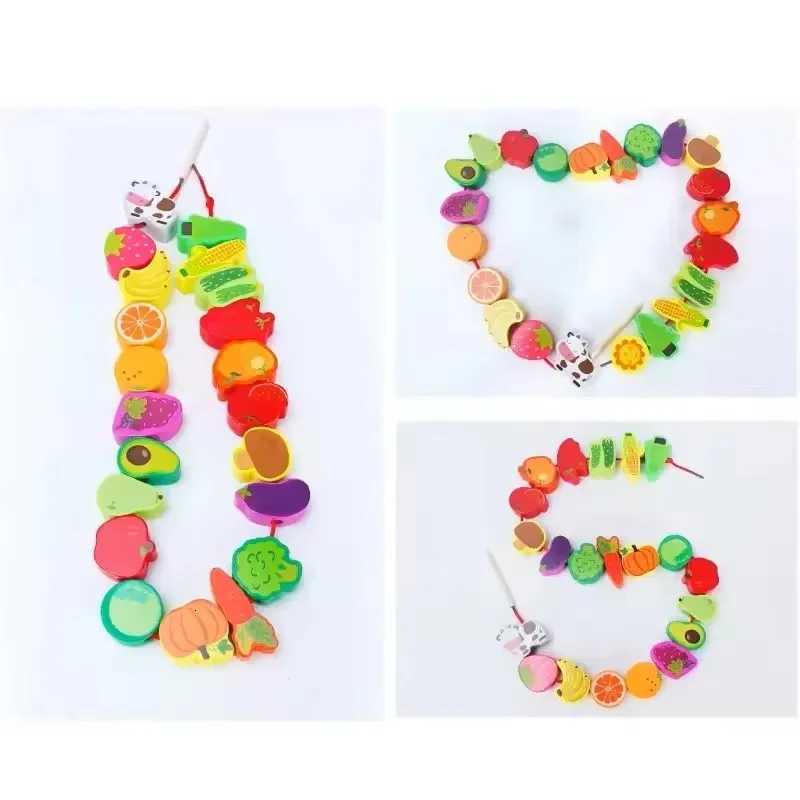 Monterssori Baby DIY Wooden Toys Cartoon Fruit Animal Stringing Threading Wooden Beads Educational Toys for Kids Christmas Gift Y260319