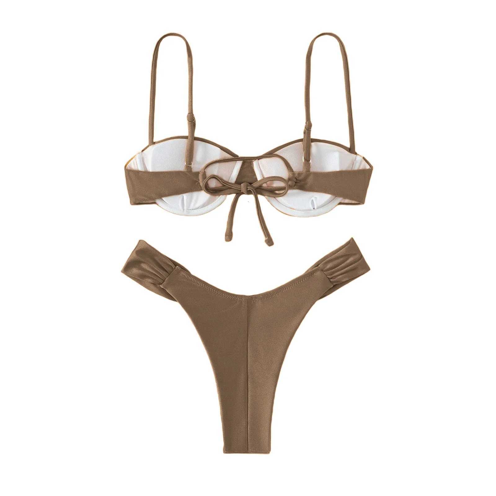 Classics Basics Women Swim Bikini Suit Solid Color Pleated Sleeveless Bra Shorts Briefs Swimwear SwimsuitT260318