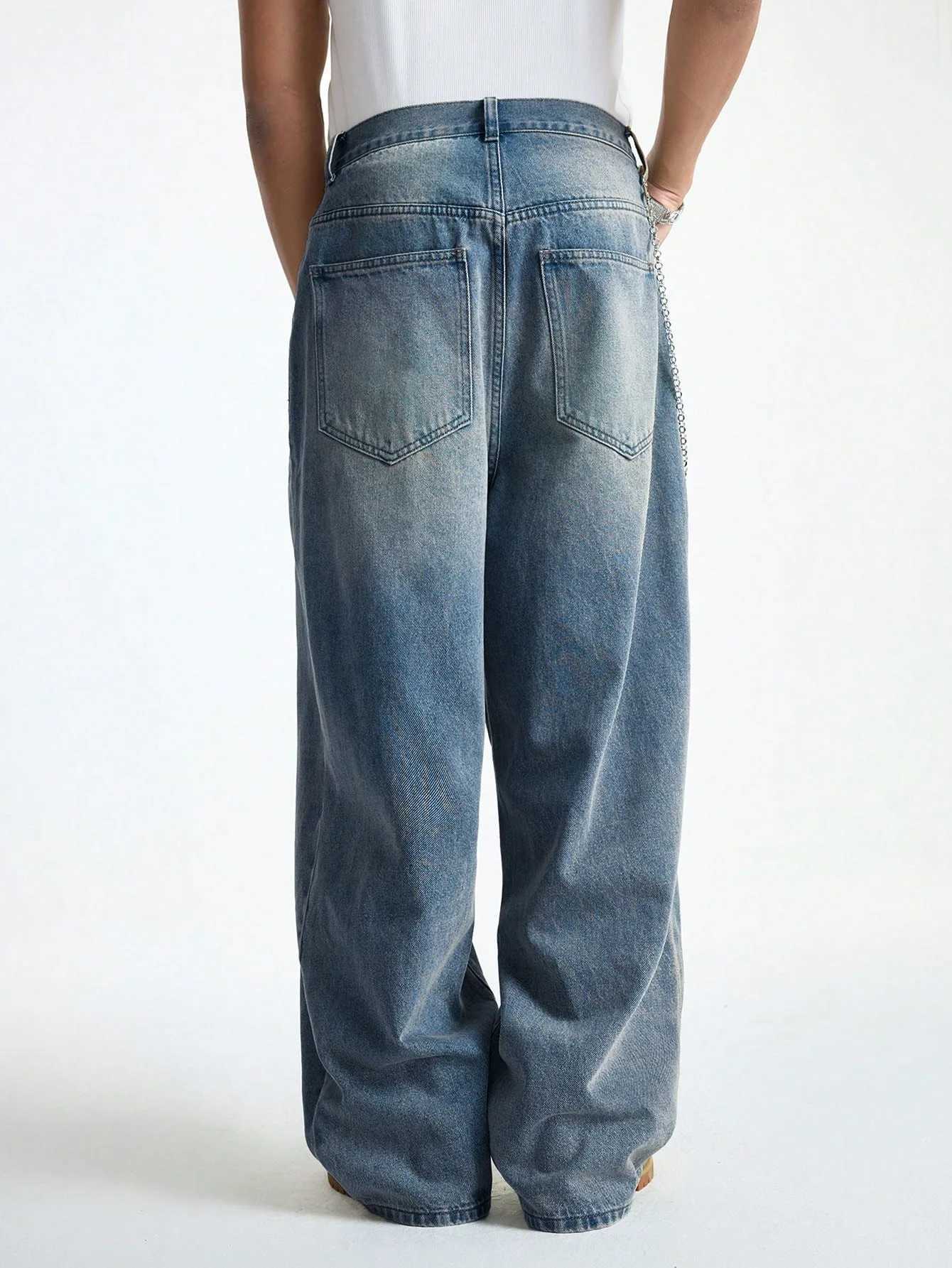 1Pc Mens Wide Pants Brushed Jeans Wide Jeans Y2K New Rocks Jeans Buggy Black Hip-Hop Pants M260319
