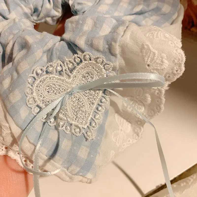 Ladies Hair Tie Blue Plaid Bow Lace Square Scarf Headband Korean Womens Oversized Hair Accessories Sweet Style Cute Scrunchies H260319