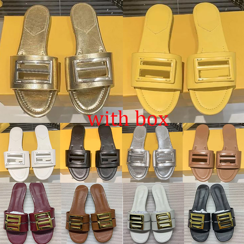 with box Slides Women Black Withe Banded Flats Sandals Leather Slippers gold Embellished Baguettes Pattern Ladies Sexy Letter Beach Flip Flops size 35-42