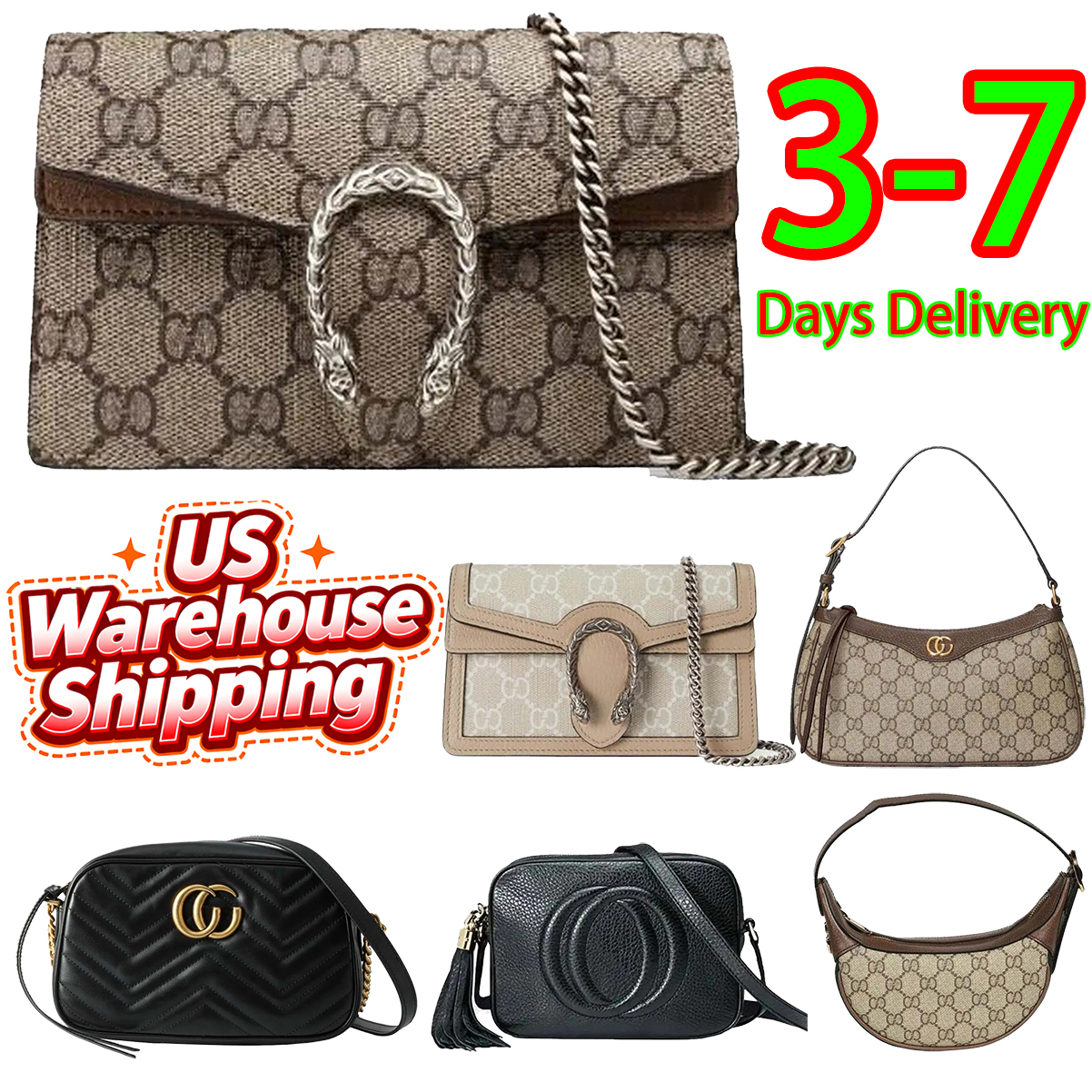 guccii bag for women Designer Bag Luxury Bag Shoulder Bag Handbag Ebony Tiger-Head Buckle Bag All-Over Monogram Print Shoulder Bag Canvas and Leather Mix Crossbody Bag