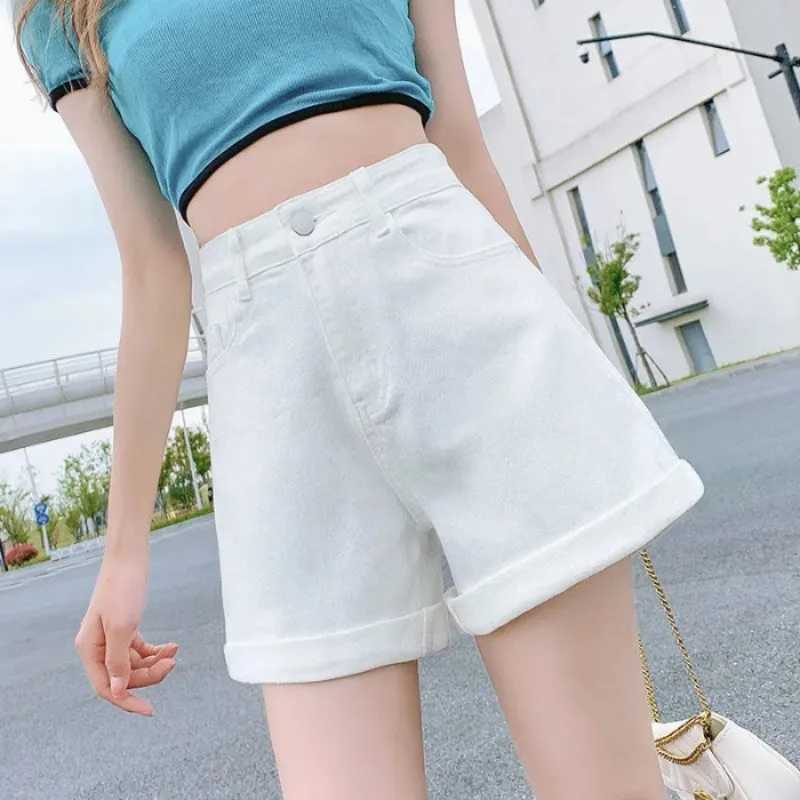 High-Waist Cuffed Denim Shorts Women Summer Korean Style Student Loose Slimming Outerwear A-Line Wide Leg Hot Pants Y2K Shorts M260319
