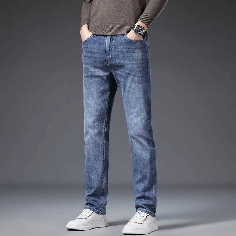 Korean Fashion Mens Soft Stretch Slim Fit Jeans Business Casual Straight Denim Pants Classic Brand Washed Blue Gray Trousers M260319