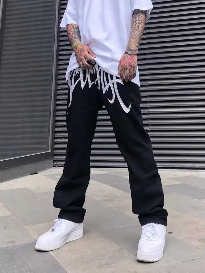 American-Style Streetwear Washed Vintage Lettered Jeans for Men Spring and Autumn Straight Loose Fit European and American High Street Style Long Pant
