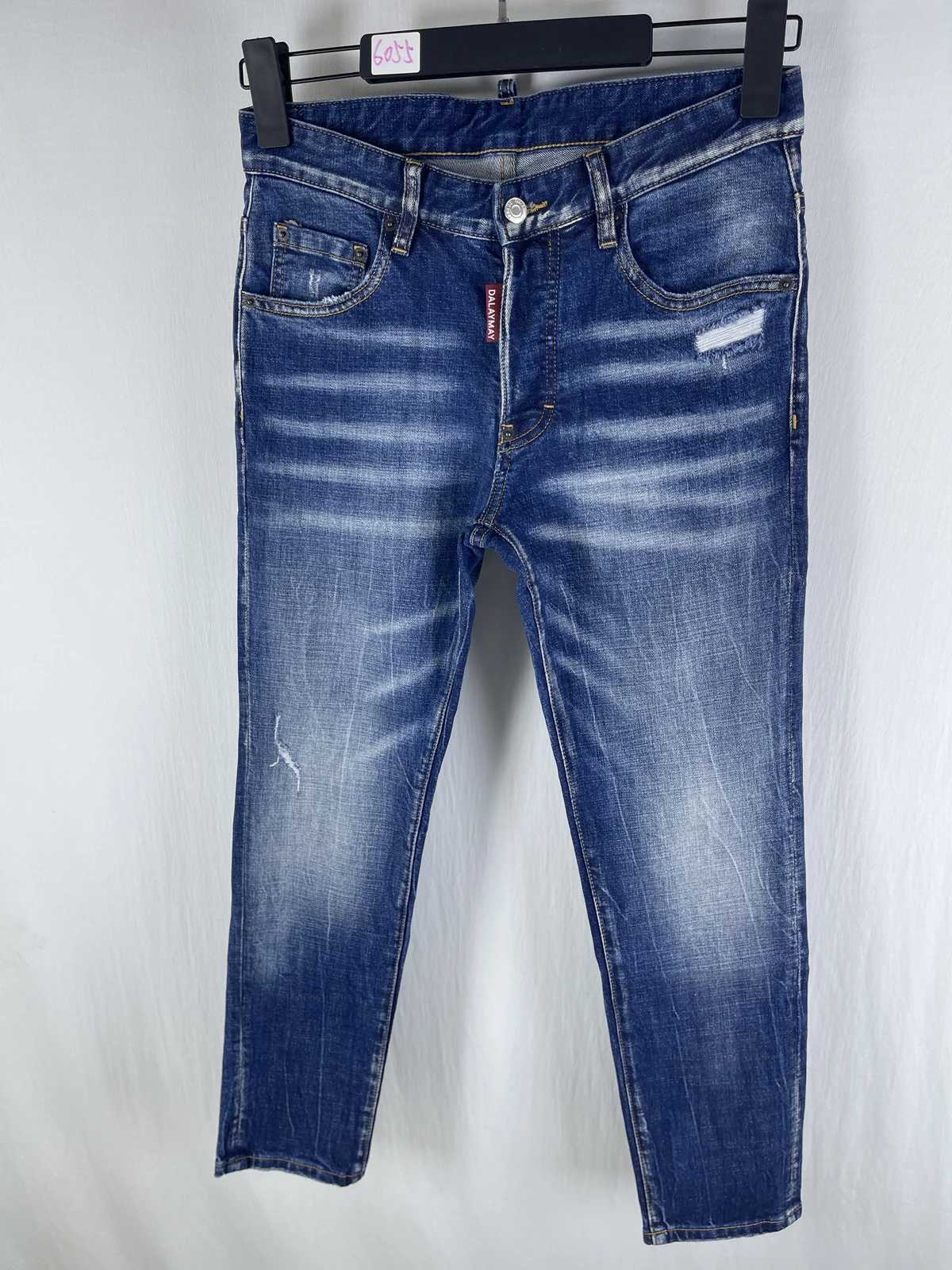 6055 Four Seasons New D2 Jeans Mens Washed Ripped Patch Old Slim Fit Small Straight Blue M260319