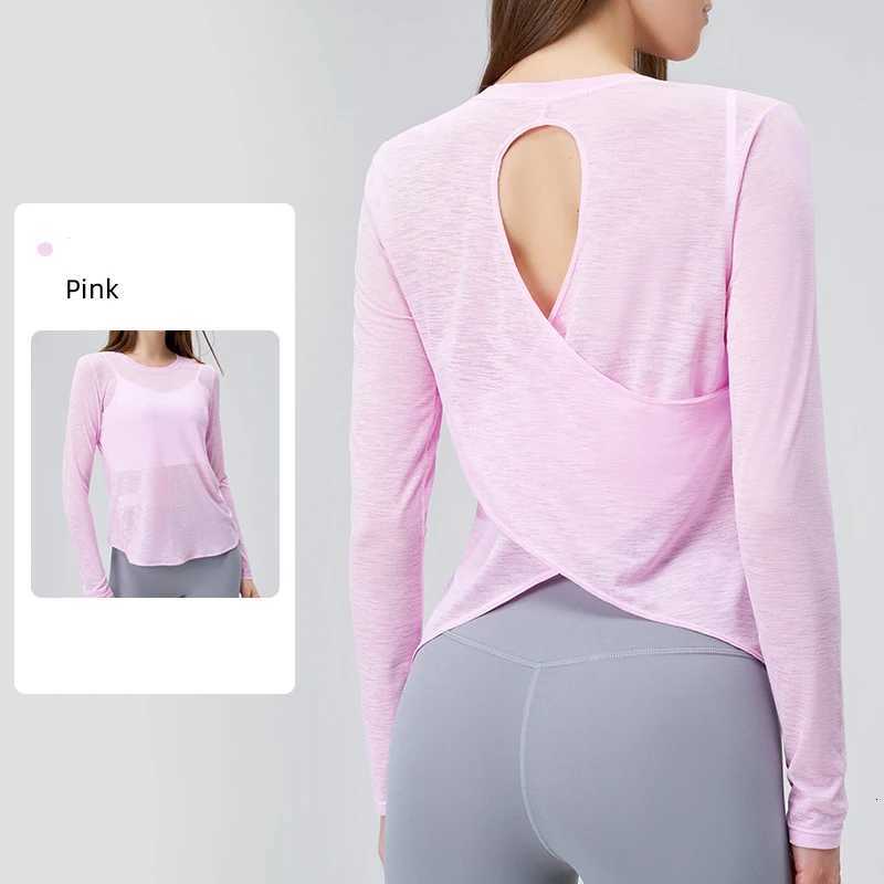 Women Backless Loose Yoga T-shirts Summer Round Collar Long Sleeve Fitness Breathable Sporty Yoga Tshirt Tops Female Sportswear Z20260319