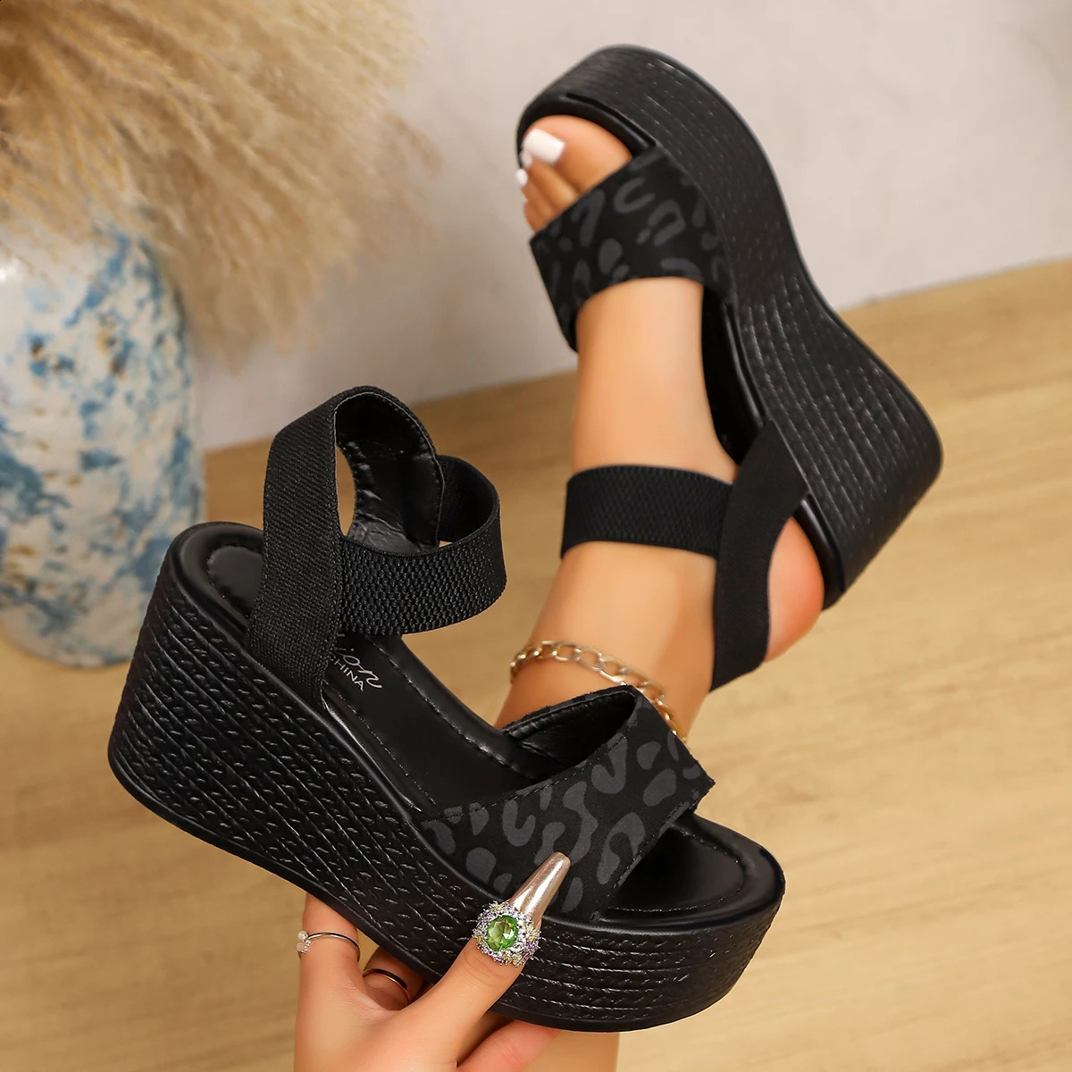 Womens Wedge High Heel Peep Toe Sandals Leopard Platform Sandals Ladies Thick Sole Summer Shoes Espadrilles Zapatillas Mujer 260316