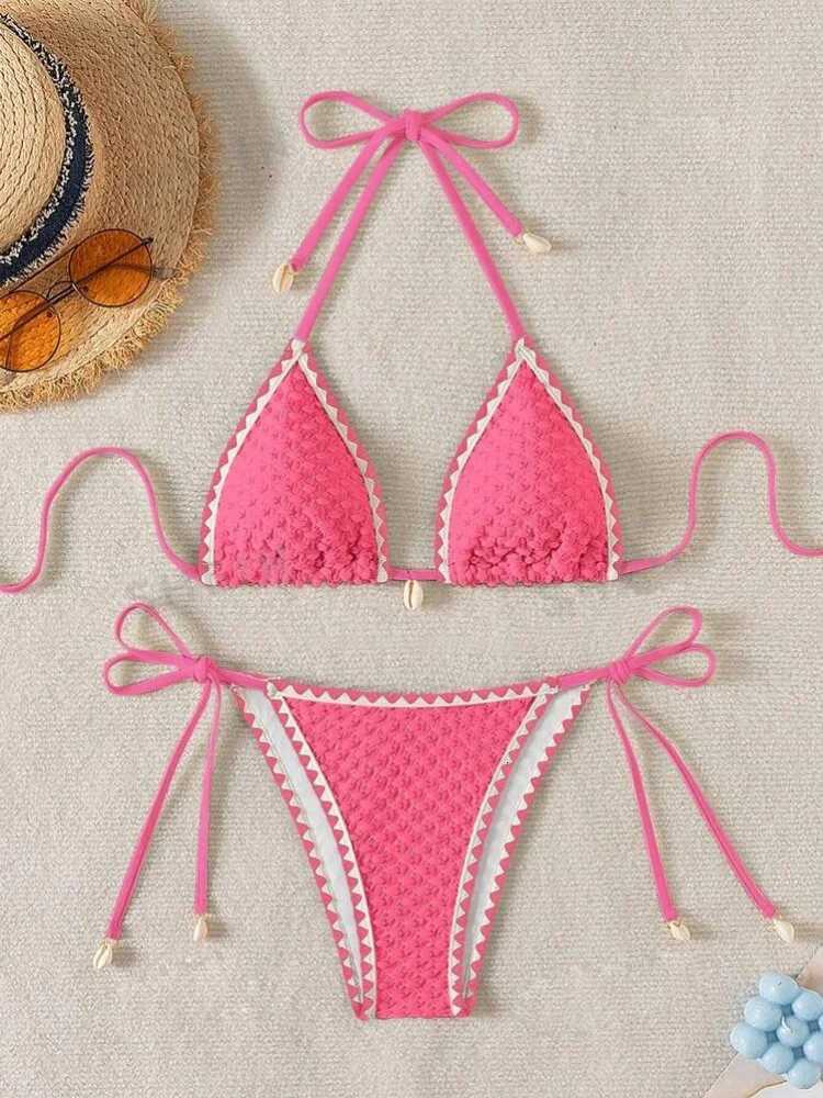 Sexy White Contrast Bikinis Sets 2025 Women Shell Ornament Push Up Tie Side Thong Swimsuit Summer Bathing Suit Micro SwimwearT260318