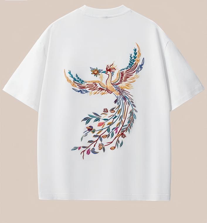 Embroidery T Shirt Men Phoenix Vintage Graphic Tees Harajuku Cotton Short Sleeve Chinese Hip Hop T Shirt Women Summer Fashion