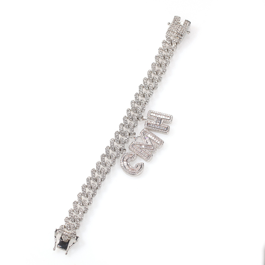 TopBling A-Z Custom Name Letters Pendant Necklaces Bracelets 12mm Cuban Link Chain Bracelet Real Gold Plated
