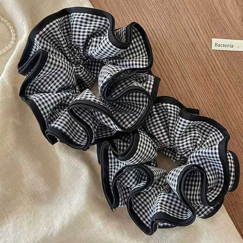 1pc Retro fashion black and white checkered large intestine hair tie ins sweet pleated oversized flower bud hair band H260319