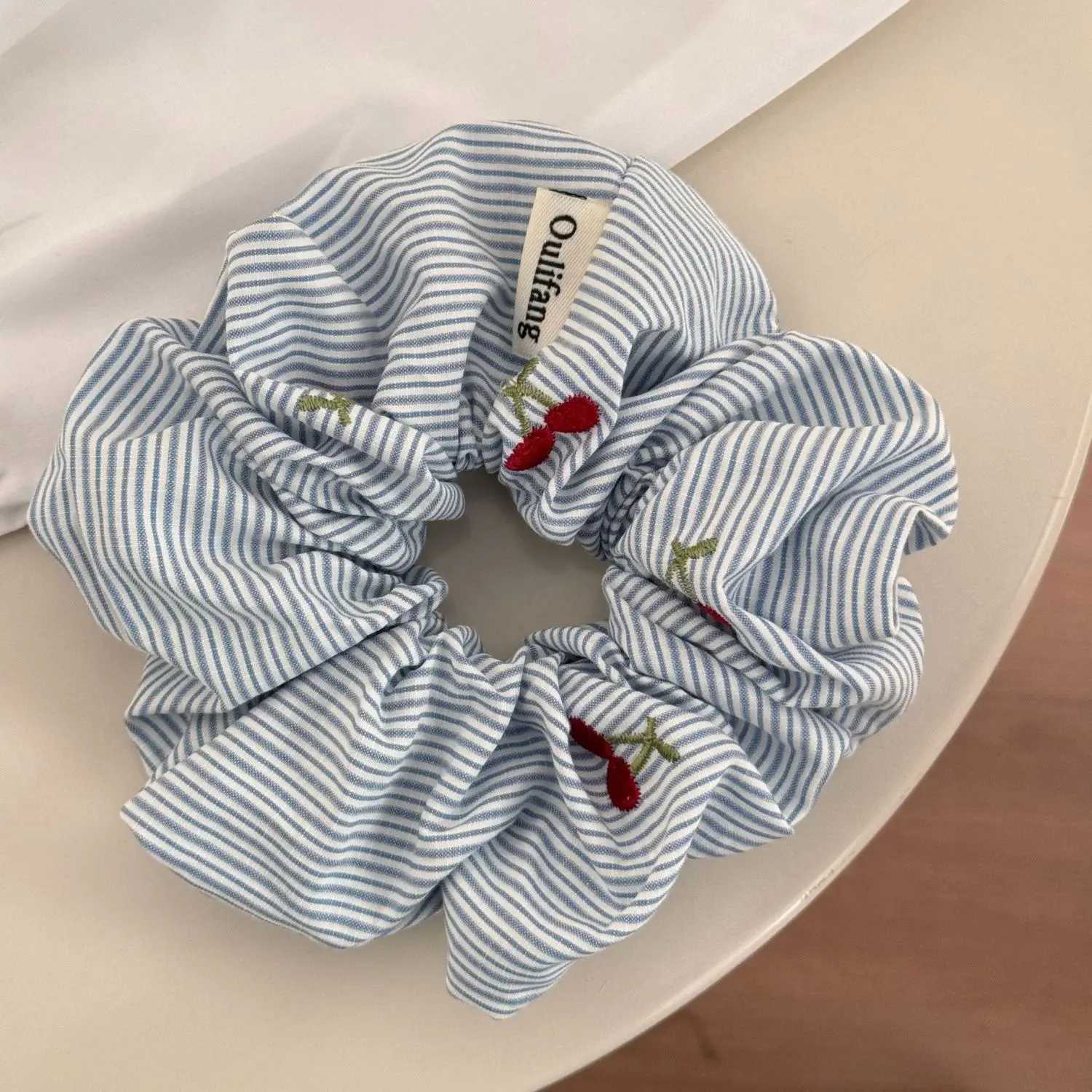 YHJ 2pcs Korean Delicate Style Blue Striped Red Bow Cherry Scrunchie Hair Tie Ponytail Hair Rope Fashionable Hair Accessories H260319